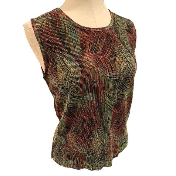 Large Plisse Women's New Print Accordion Stretch Tank Sleeveless Blouse 1990s Vi - Picture 1 of 8